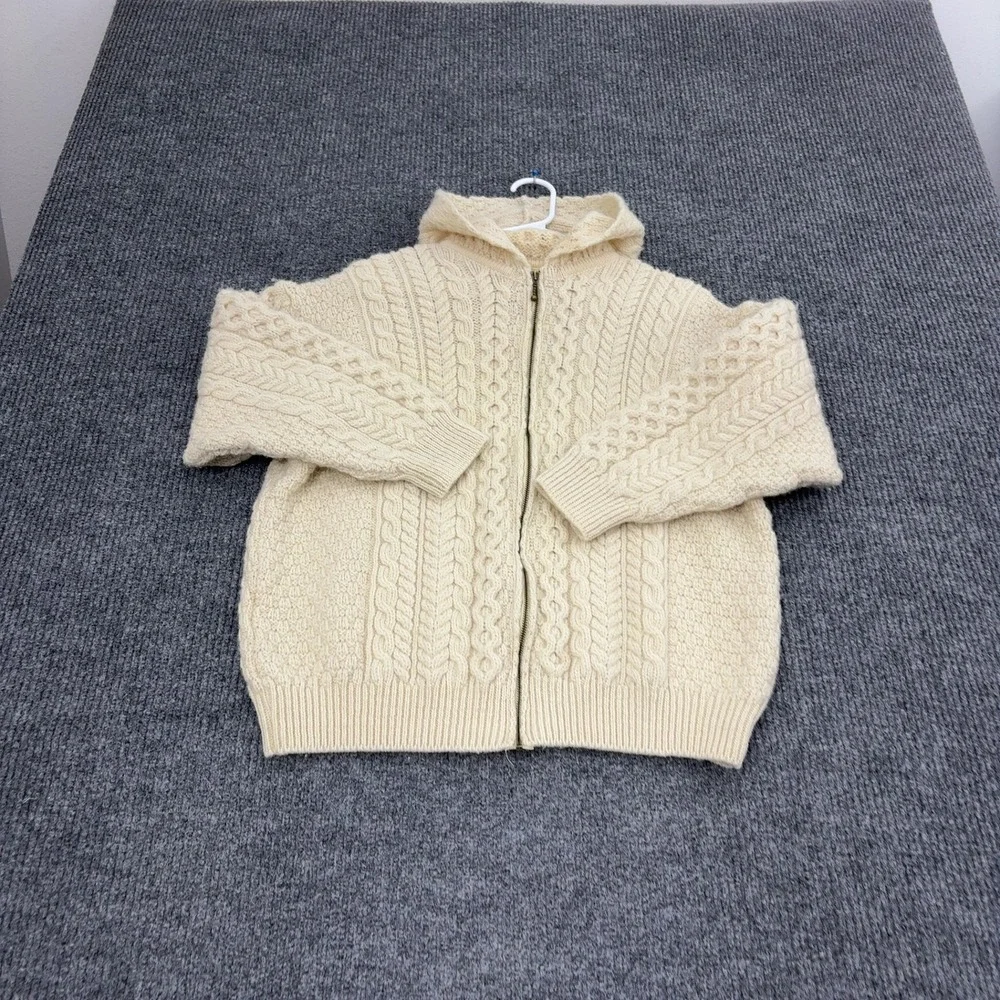 Vintage Carraig Donn Zip Hoodie Mens M Cream Wool Cable Knit Aran Irish Boho